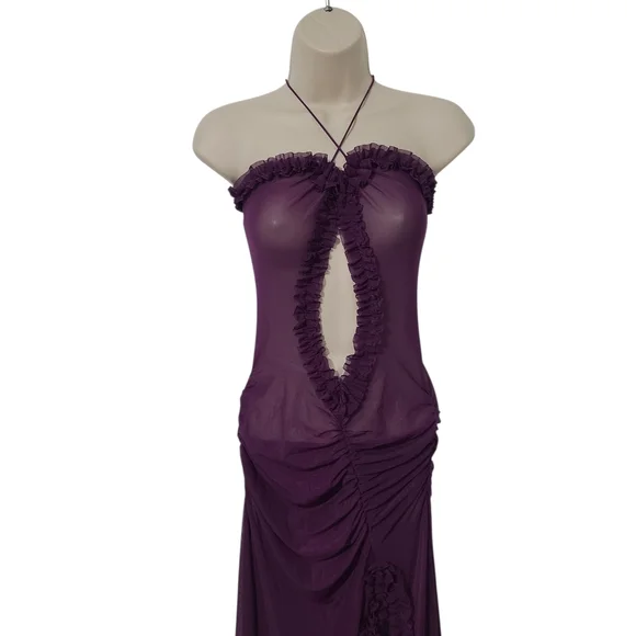 Purple Mesh Ruffle Cut Out Maxi Dress With Slit - Picture 4 of 8